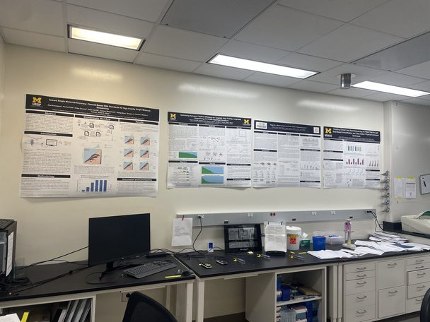 Four lab posters on the wet-lab wall.